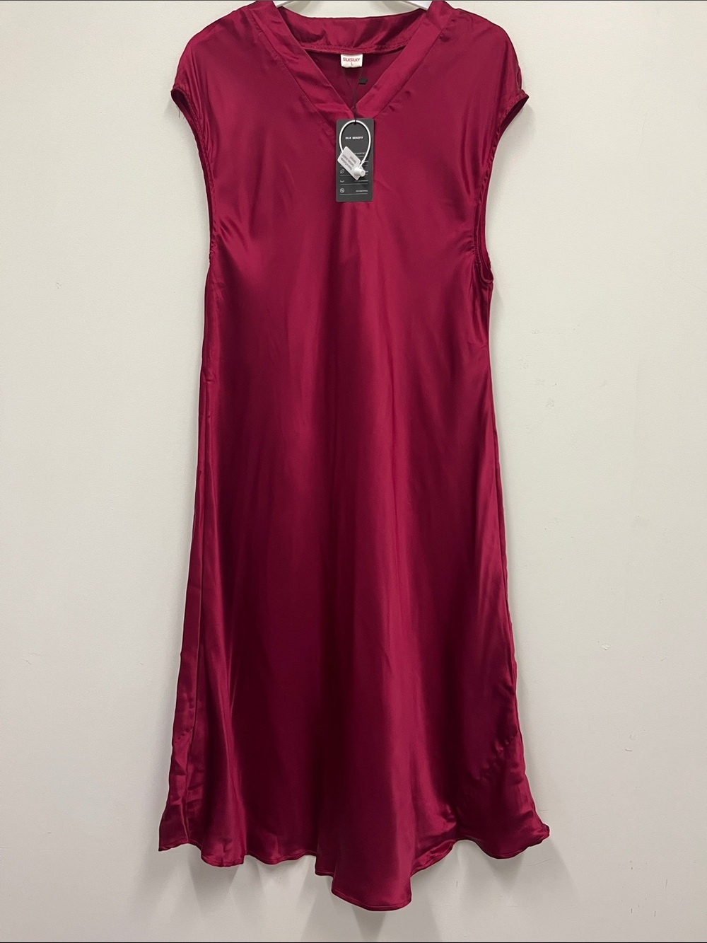 Women's 100% silk SilkSilky Satin A-Line Dress in Deep Magenta size L